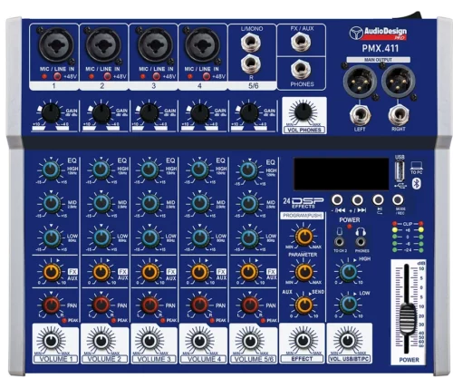 AUDIO DESIGN Mixer 2+1+1 Canali - USB/BT 24 effetti con DSP - Alimentazione USB