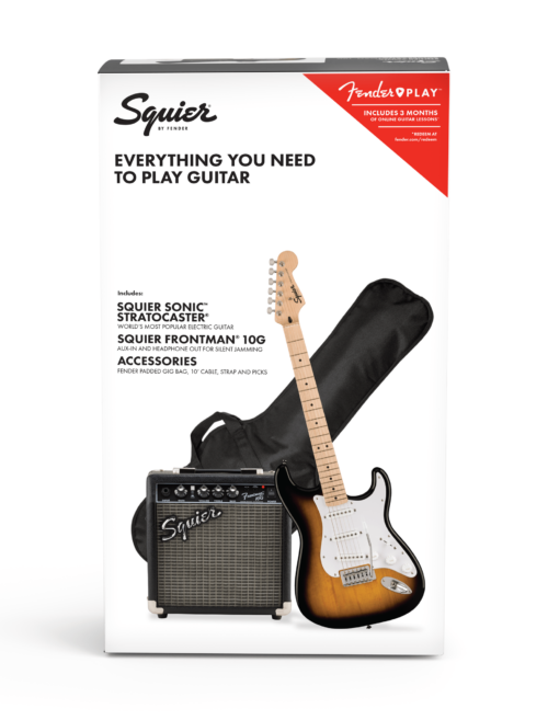 Squier Sonic Stratocaster Pack, Maple Fingerboard, 2-Color Sunburs, Gig Bag, 10G