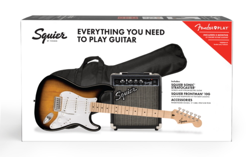 Squier Sonic Stratocaster Pack, Maple Fingerboard, 2-Color Sunburs, Gig Bag, 10G